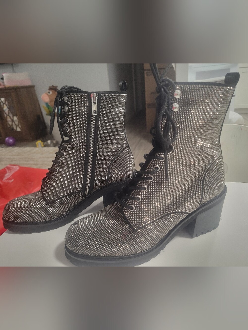 Steve Madden Silver Sparkle Lace-Up Combat Boots